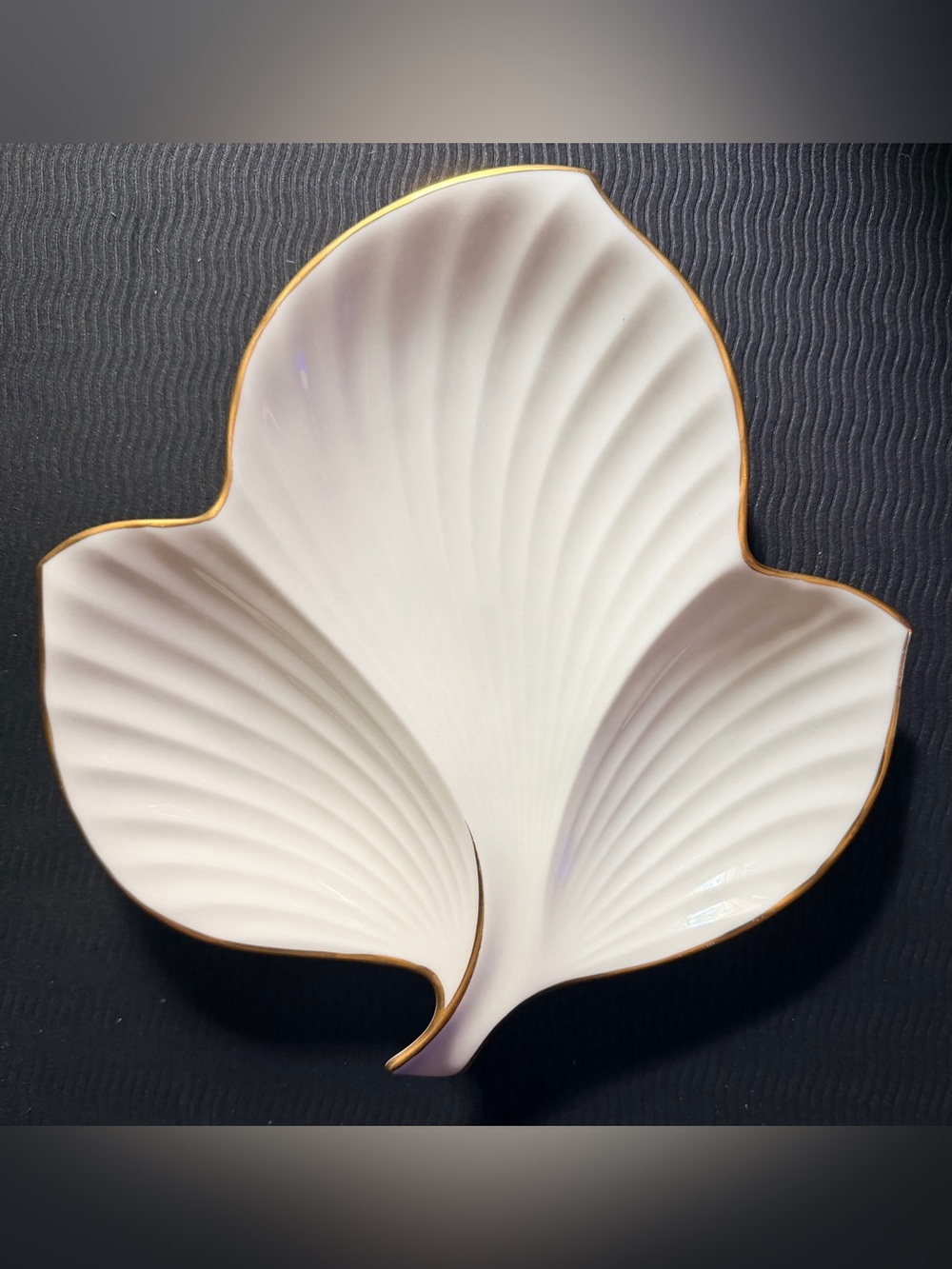 Vintage Noritake Ribbed Leaf Tray with Gold Trim
